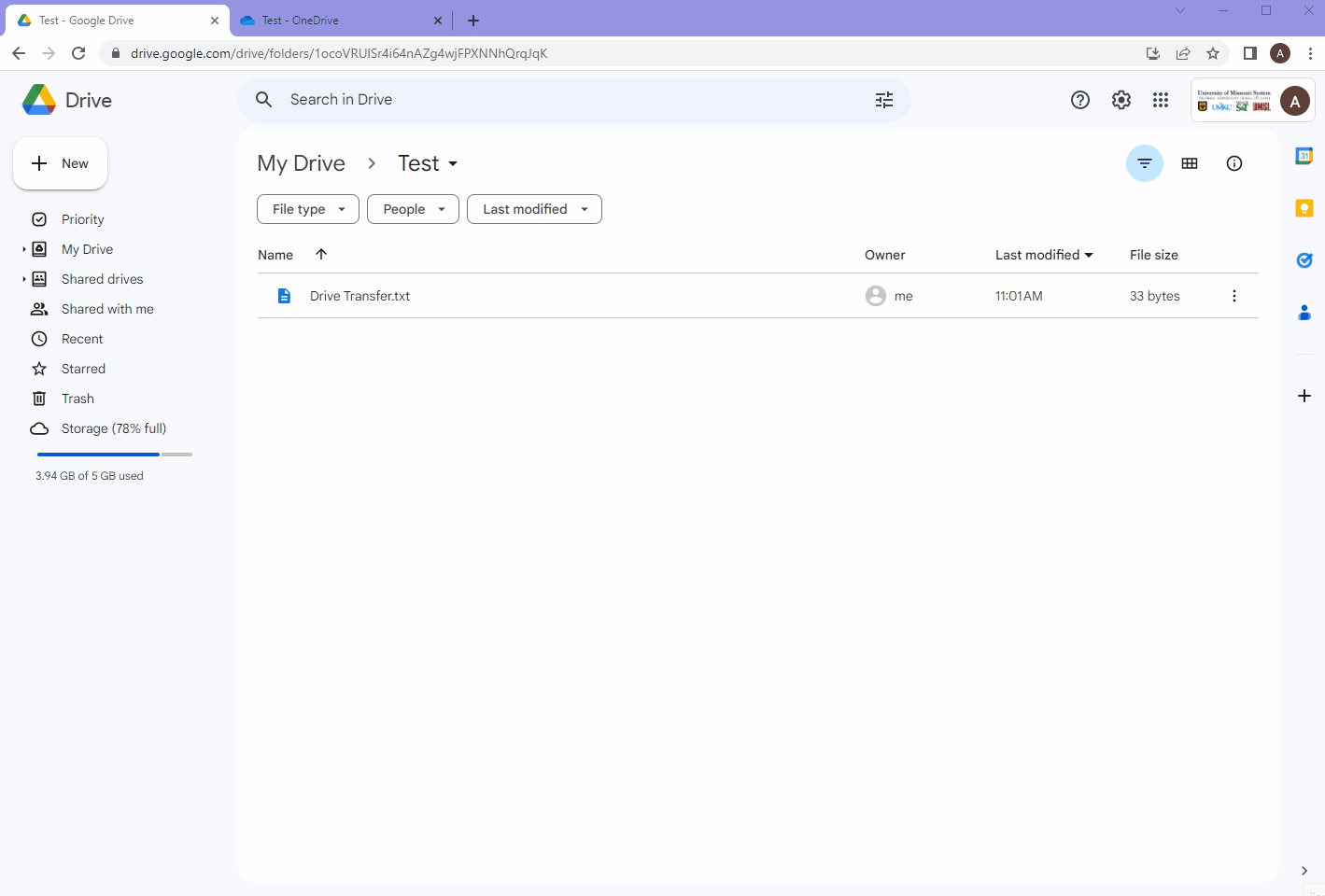 Shows the process of downloading a file from Google Drive, then uploading it to OneDrive